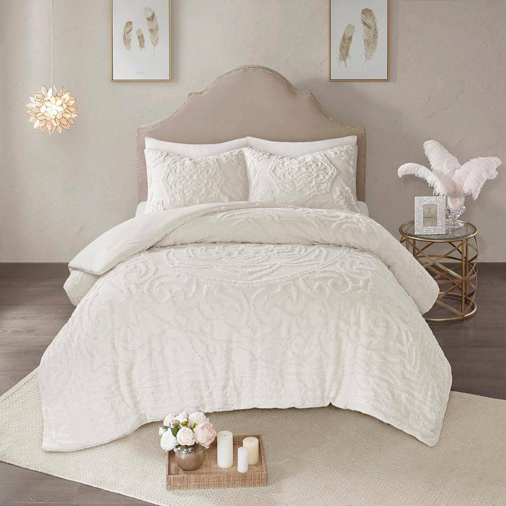King Size White Cotton Chenille Comforter Set
