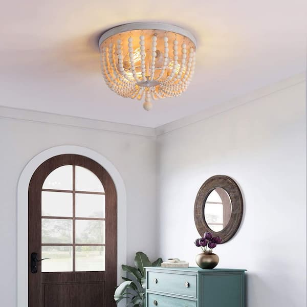 Briignite 11.8 in. 3-Light Boho Farmhouse Wood Beaded Drum Flush Mount Ceiling Light for Hallway, Nursery, Bedroom