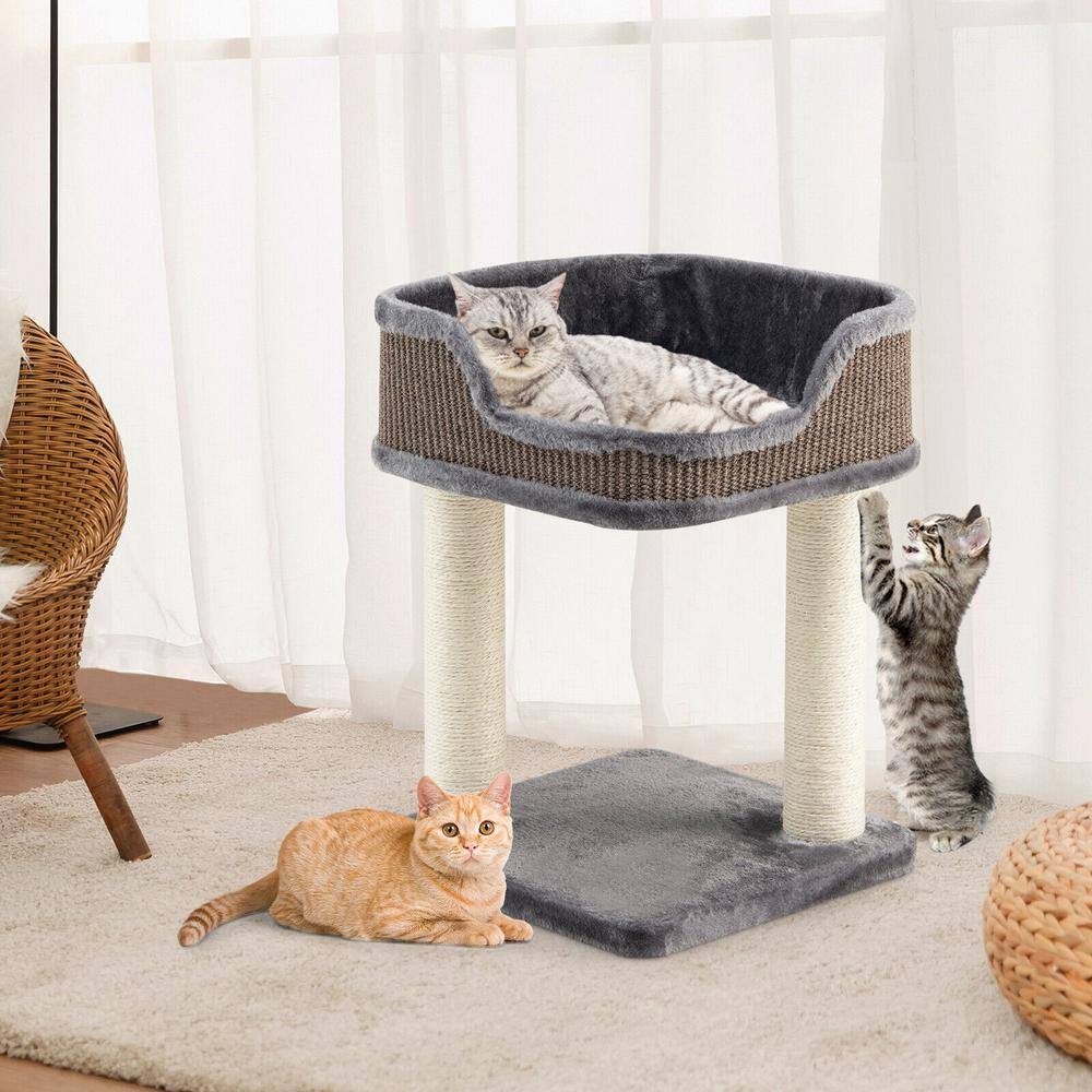 Gray Plush and Sisal Freestanding Cat Tree with Perch