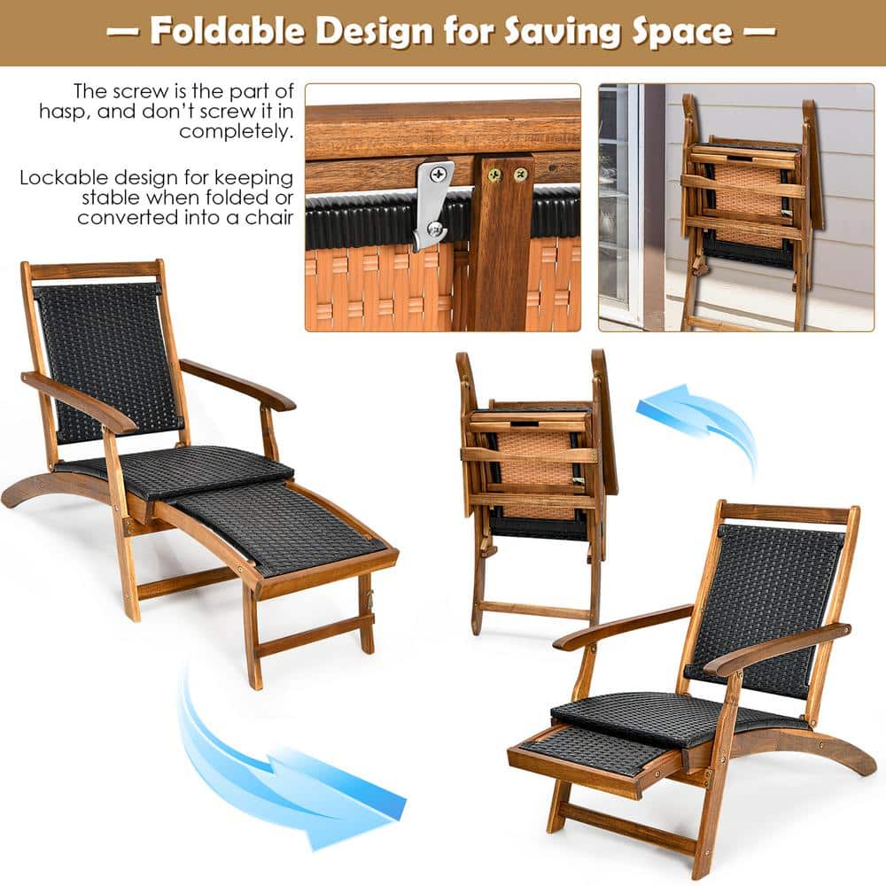 Brown Acacia Wood and Black Rattan Folding Chaise Lounge Chair