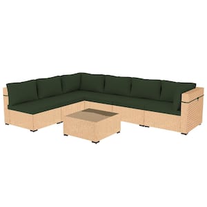 7-Piece Beige Wicker Patio Conversation Set with Pine Green Cushions and Coffee Table