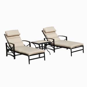 Adjustable Back Steel Outdoor Lounge Chair Set with Khaki Cushions (3-Pack)