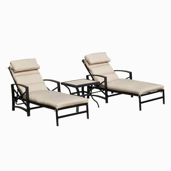 TOP HOME SPACE Adjustable Back Steel Outdoor Lounge Chair Set with Khaki Cushions (3-Pack)