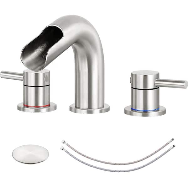 AKLFGN 8 in. Widespread 2-Handle Bathroom Sink Faucet with Pop-Up Drain Waterfall Spout in Brushed Nickel
