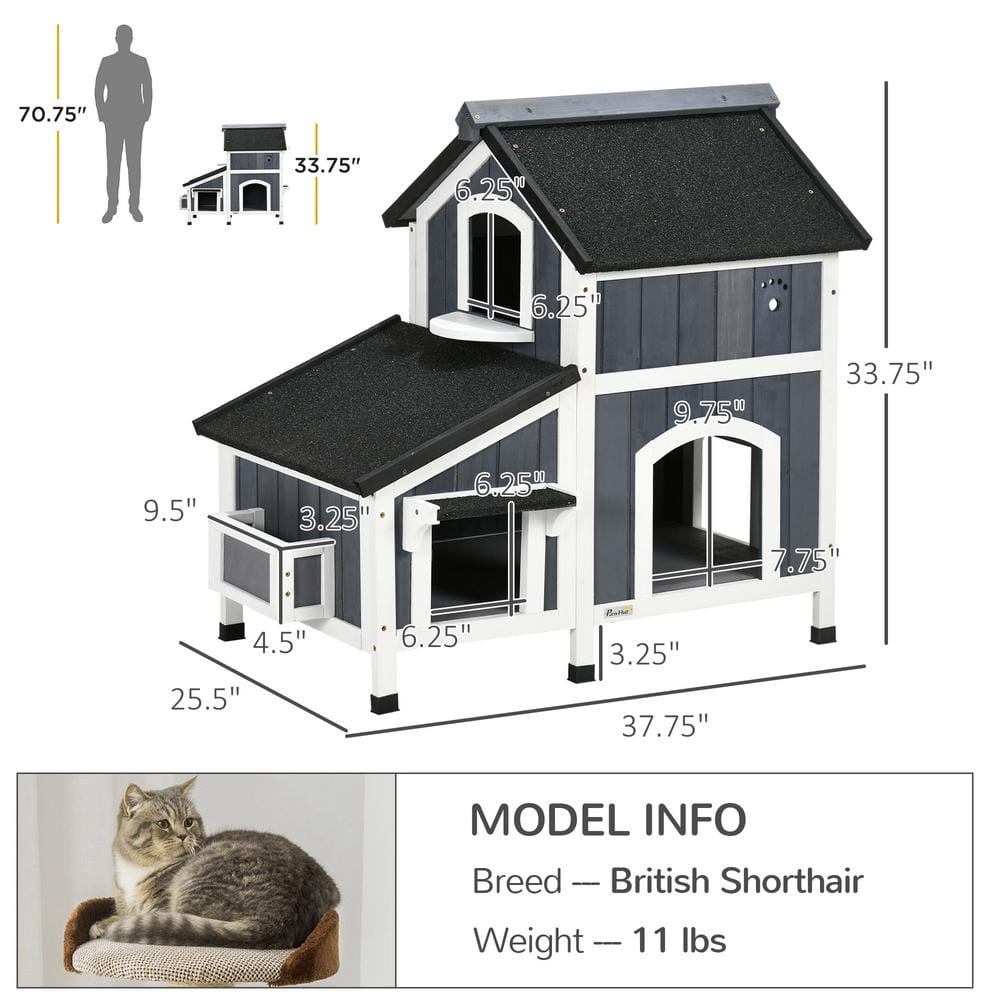 Gray Wooden Outdoor Cat House with Weather-resistant Roof