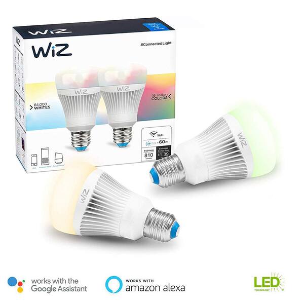 WiZ 60W Equivalent A19 Colors and Tunable White Wi-Fi Connected Smart LED Light Bulb (2-Pack)