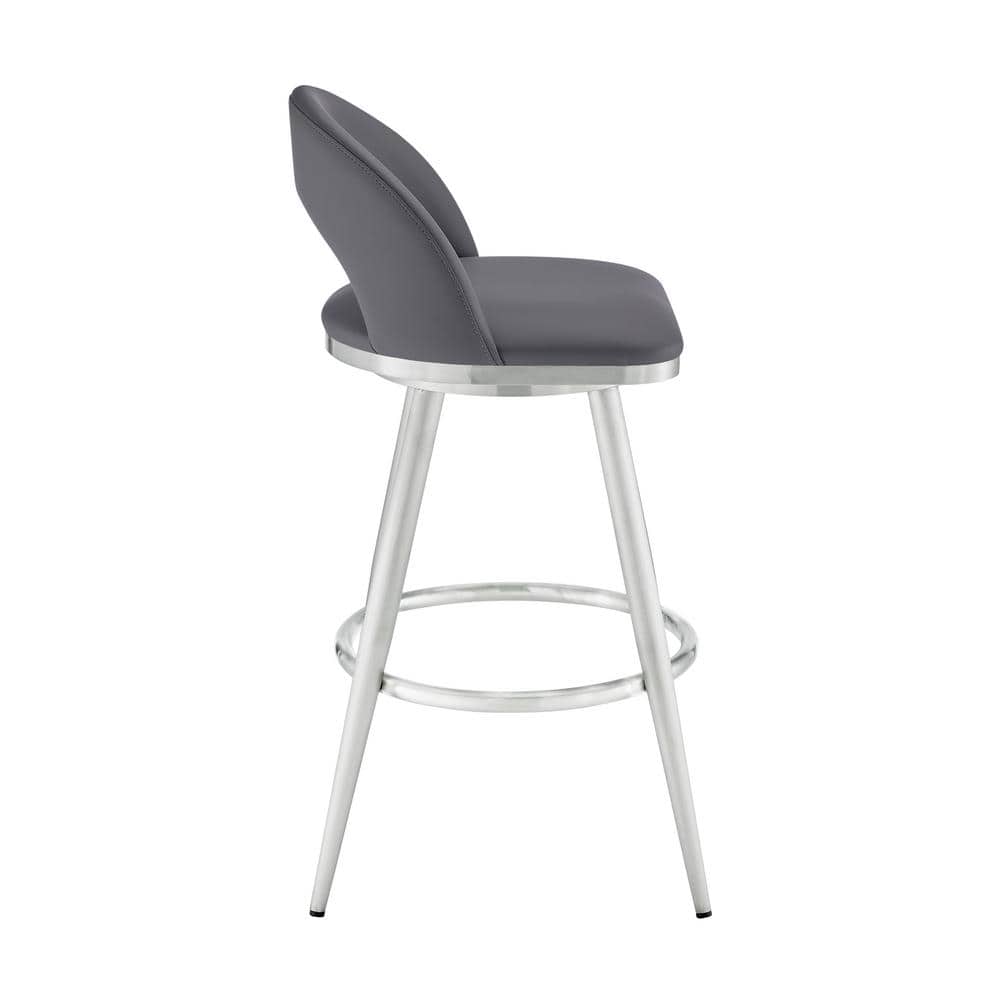 Gray Faux Leather Swivel Bar Stool with Brushed Stainless Steel Frame