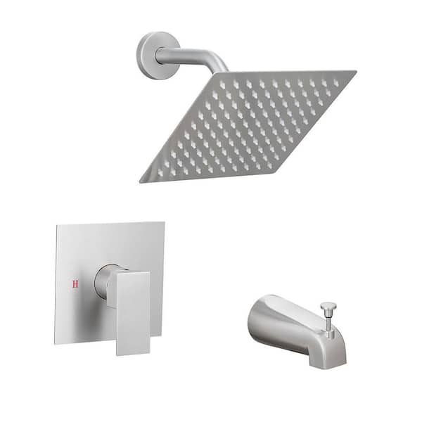1-Spray Patterns with 1.8 GPM 7.87 in. Square Wall Mount Rain Fixed Shower Head with Tub Spout in Brushed Nickel