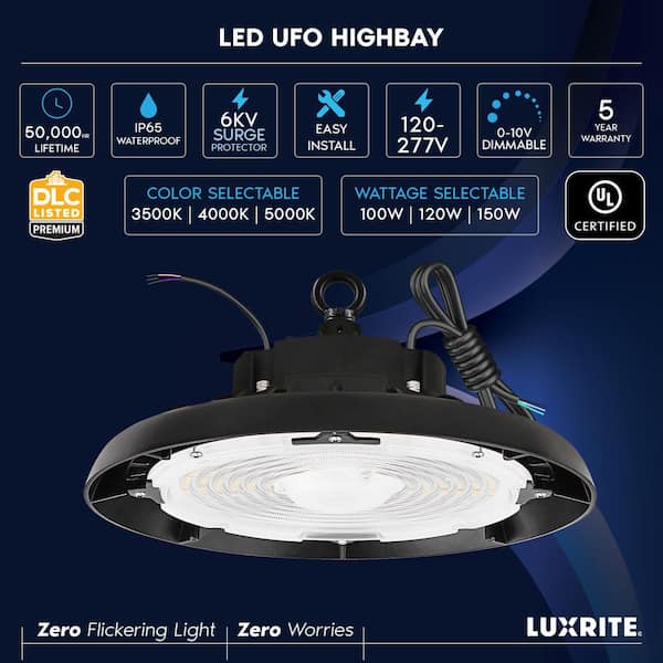 LUXRITE 100/120/150W UFO High Bay LED Black Shop Lights, Up to 22500 Lumens, 3CCT, IP65, 120-277V, UL Listed 2-Pack