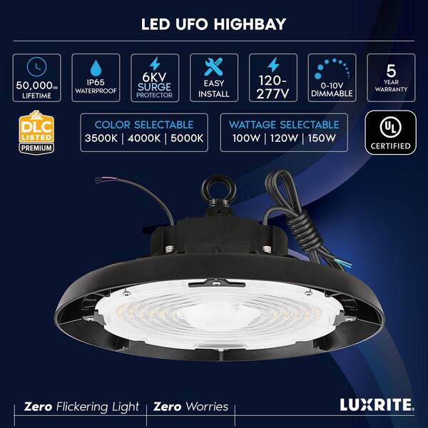 Luxrite 1 ft. 100/120/150-Watt Ufo High Bay LED Black Shop Lights, Up to 22500 Lumens, 3CCT, IP65,120-277V, UL Listed