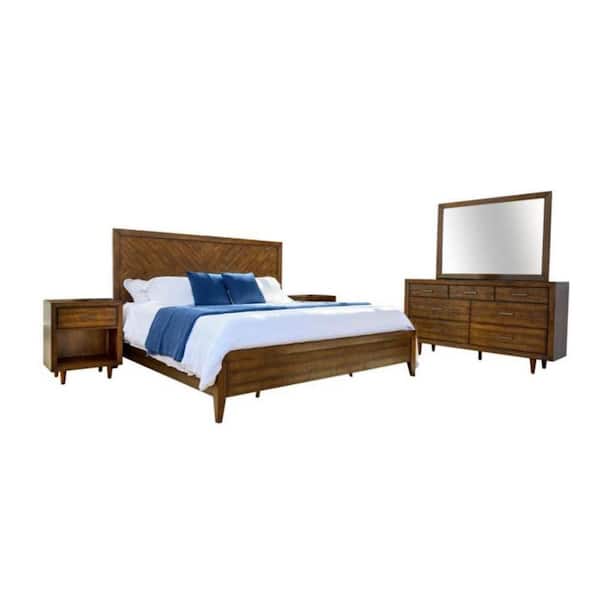 DEVON & CLAIRE Rezo Mid Century Brown Wood Frame King Platform Bed with 4-Piece Bedroom Set