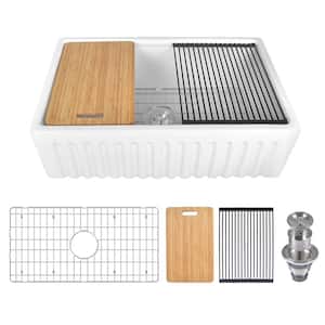 White Ceramic 33 in. Single Bowl Farmhouse Apron Workstation Kitchen Sink with Accessories