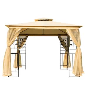 10 ft. x 10 ft. Beige Steel Fabric Rectangle Outdoor Gazebo with Mesh Curtain Sidewalls and 2-Tiered Vented Canopy Top