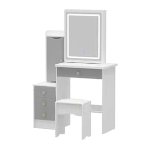 4-Drawers Wood Makeup Vanity Sets Dressing Table Sets in White with Stool, Mirror, LED Light and Storage Shelves