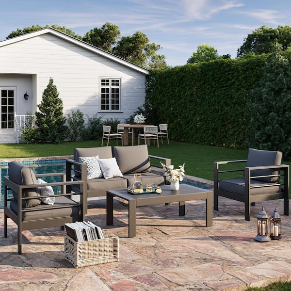 4-Piece Aluminium 4-Seat Outdoor Patio Conversation Set with Dark Gray Cushions