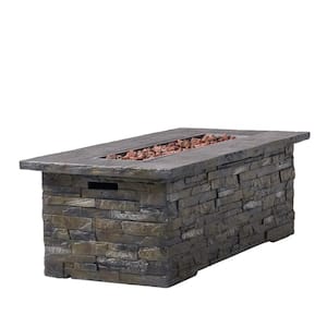 56-Inch Outdoor Patio Concrete Fire Pit Table,Rectangle Gas Burning, Stone Pattern Fire Table,Magnesium Oxide,Stone Gray