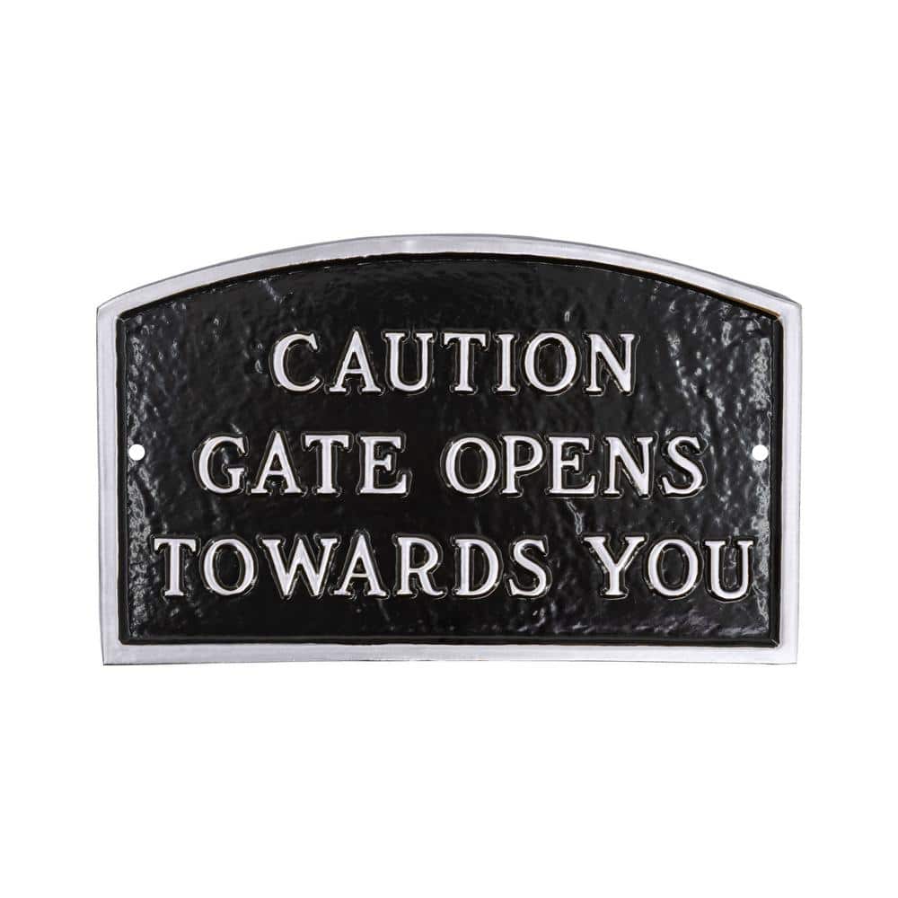 10 in. x 15 Standard Arch Caution Gate Opens Towards You Statement Plaque Sign - Black/Silver product image for price tracking