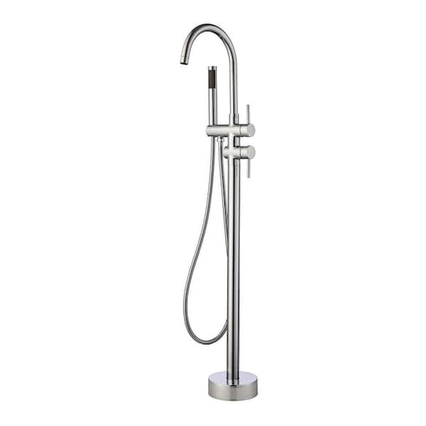 Unbranded 2-Handle Freestanding Floor Mount Tub Faucet Bathtub Filler with Hand Shower in Chrome
