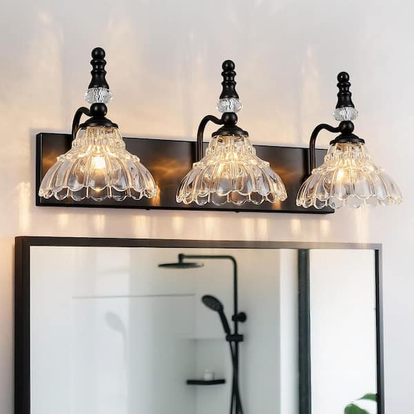 Home Lighting 22.83 in. 3-Light Black Vintage Bathroom Vanity Light with Flower Glass Shade Over Mirror for Bathroom