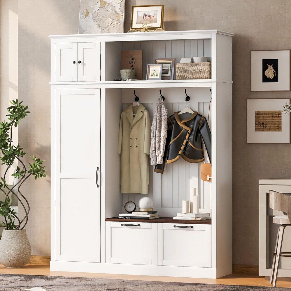 Harper & Bright Designs White Wood Hall Tree with Cabinet, Shelves