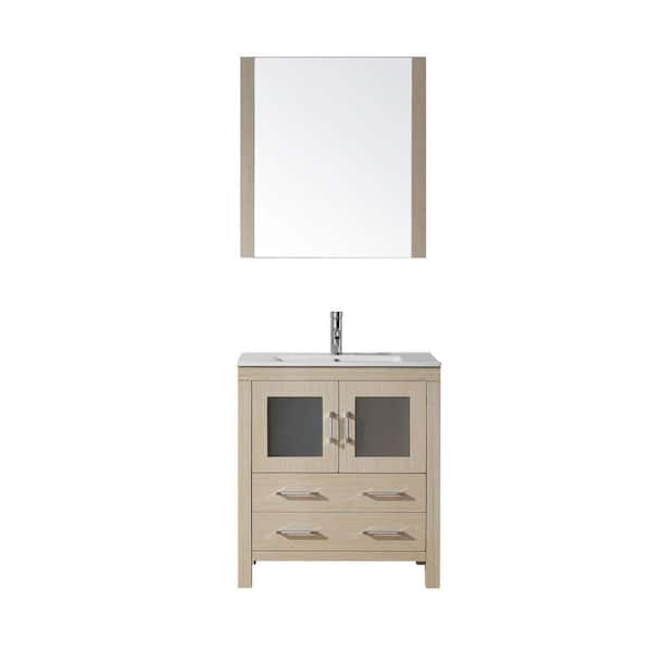 Virtu USA Dior 30 in. Vanity in Light Oak with Ceramic Vanity Top in White and Mirror-DISCONTINUED