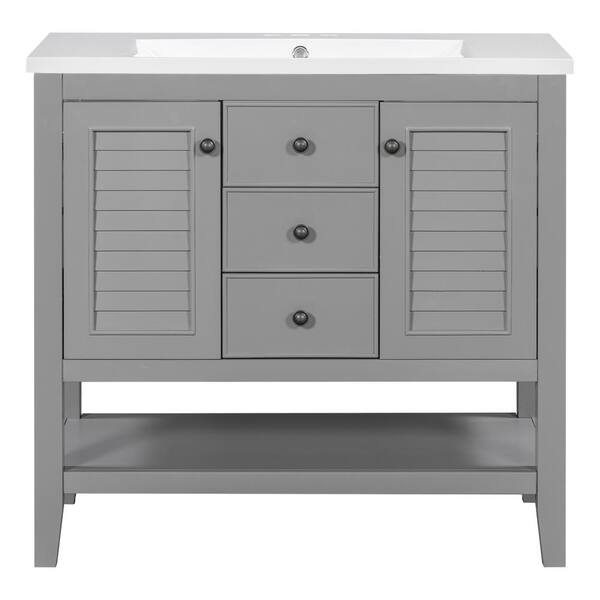JimsMaison 36 in. W x 18 in. D x 34 in. H Single Sink Freestanding Bath Vanity in Grey with White Ceramic Top