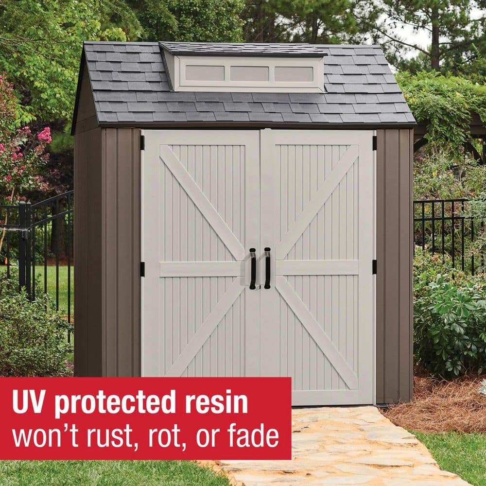 Brown Resin Medium Outdoor Storage Shed with Windows, 7 x 7 ft