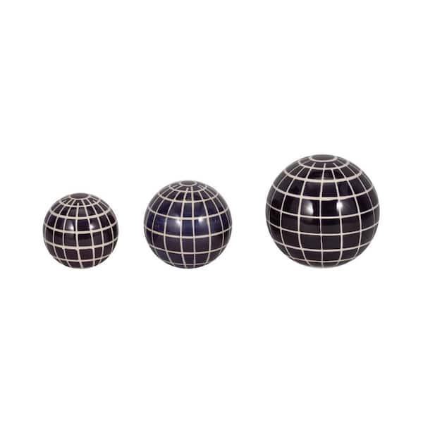 Liv & Skye 4 in. x 5 in. x 6 in. Blue Ceramic Checkered Orbs (Set of 3)