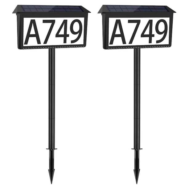 2-Pack Wall Mounted and In Ground Black Solar Address Sign, 3-Color Waterproof LED Illuminated House Numbers with Stake