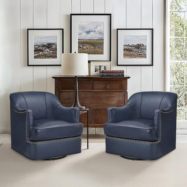 cozyman Fazio Navy Genuine Leather Modern Curved Back 360° Swivel Accent Arm Chair with Metal Base (Set of 2)