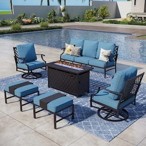 Black Metal Meshed 7 Seat 6-Piece Steel Outdoor Fire Pit Patio Set with Denim Blue Cushions, Rectangular Fire Pit Table
