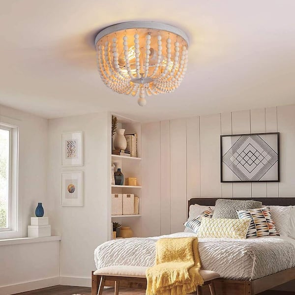 3-Light Boho Farmhouse Drum Flush Mount Ceiling Light Fixture Wood Beaded Chandelier for Hallway Baby's Nursery Bedroom