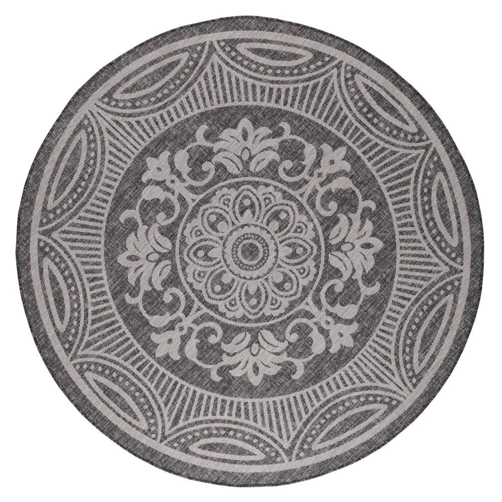 Beverly Rug Waikiki Dark Grey/White 7 ft. Round Medallion Indoor/Outdoor Area Rug Beverly Rug indoor outdoor rugs are available in various sizes; 4 ft. x 6 ft. area rug (3 ft. 11 in. x 5 ft. 11 in.), area rug 5 ft. x 7 ft. (5 ft. 3 in. x 7 ft.), 6 ft. x 9 ft. area rugs (6 ft. 7 in. x 9 ft.), large area rug 8 ft. x 10 ft. (7 ft. 10 in. x 10 ft.) and 6 ft. 7 in. circle rug. You can use our non-shedding rugs wherever needed; either indoors such as living room, dining room, laundry room, bedroom, hallway, children playroom, or outdoors such as deck, patio, pool side, picnic, beach, garage, or guest lounges. These fade resistant indoor rugs has UV protection and offer environment protection with their eco-friendly and breathable material. The vibrant colors will not fade in the sun. Ideal for high traffic areas. With natural color options of beige, blue, grey and dark grey, this beautiful medallion area rug is perfect fit for your vintage decor. Color: Dark Grey/White.