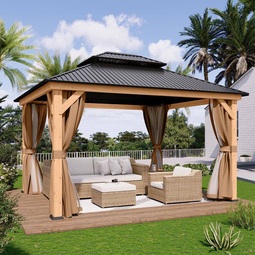 11' x 13' Black Metal Roof Wood Patio Gazebo