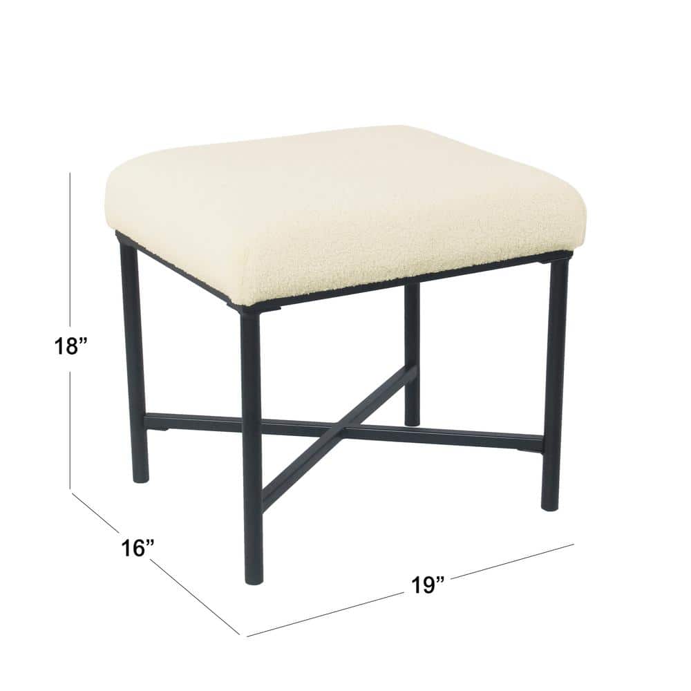 Cream Faux Sheepskin Square Ottoman with Black Metal Base