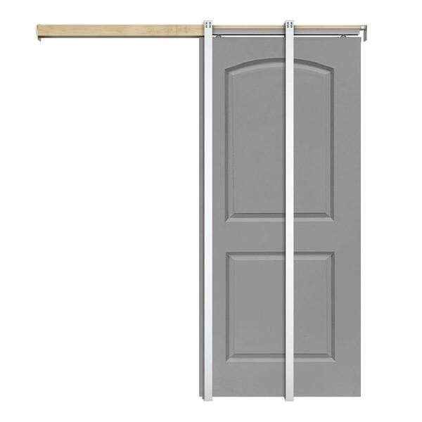 CALHOME 36 in. x 80 in. Light Gray Painted Composite MDF 2Panel Round Top Sliding Door with Pocket Door Frame and Hardware Kit