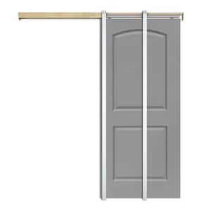 30 in. x 80 in. Light Gray Painted Composite MDF 2Panel Round Top Sliding Door with Pocket Door Frame and Hardware Kit