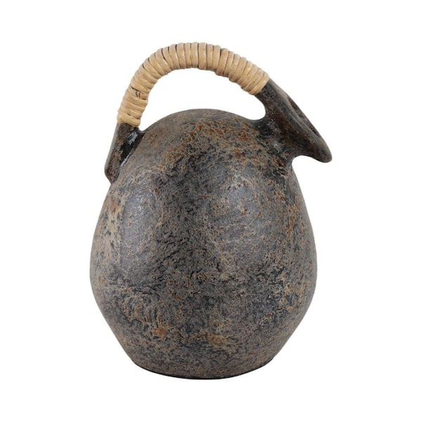 12 in. Gray Terra Cotta Round Decorative Vase With Rattan Handle