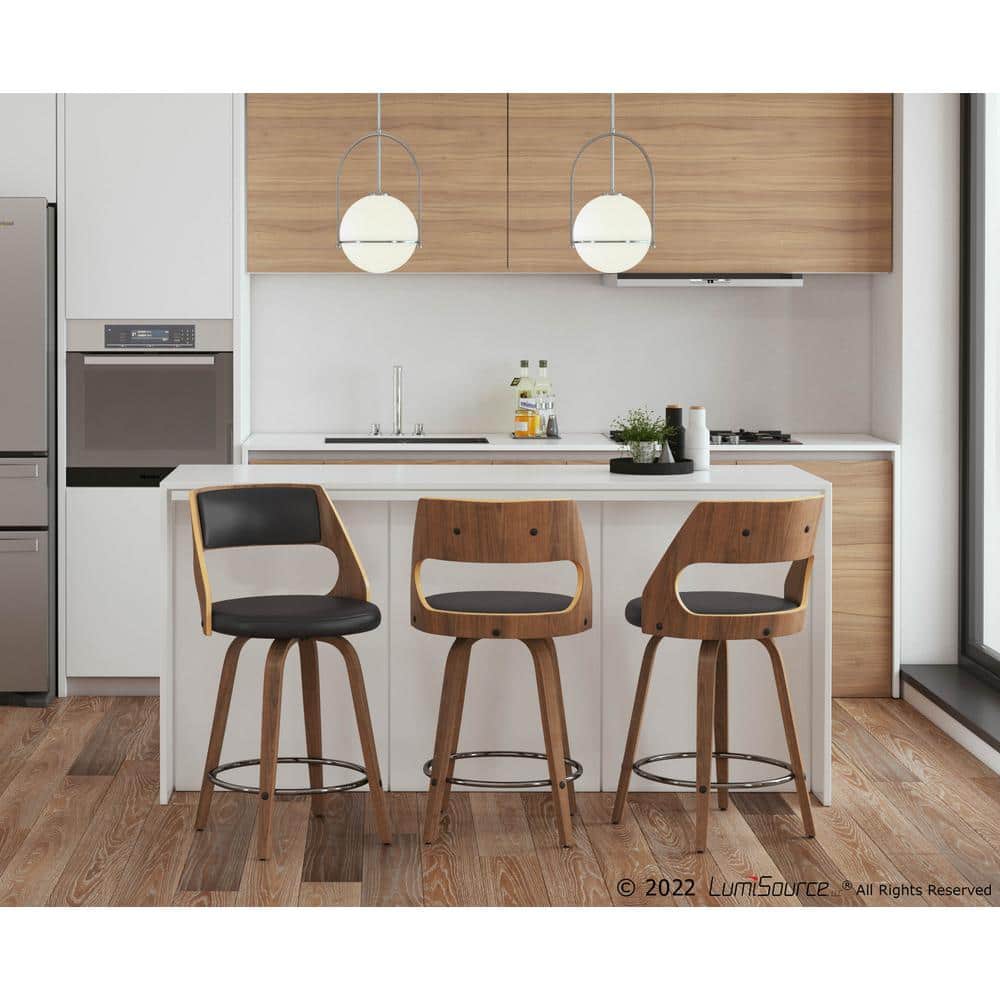 Walnut and Brown Leather Swivel Counter Stool, Mid-Century Modern