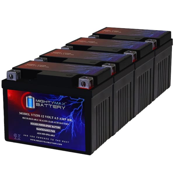 YTZ5S-12-Volt 4.5 AH, 65 CCA, Rechargeable Maintenance Free SLA AGM Motorcycle Battery-Pack of 4
