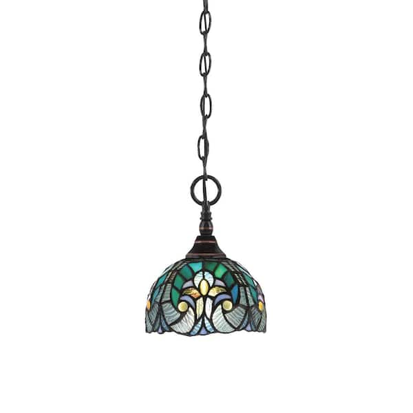 Elva 100-Watt 1-Light Black Copper Shaded Pendant Light with 7 in. Turquoise Cypress Art Glass Shade, No bulb included