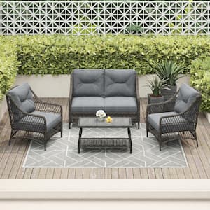 Vasconia 4-Piece Brown Wicker Outdoor Patio Conversation Seating Set with Gray Cushions