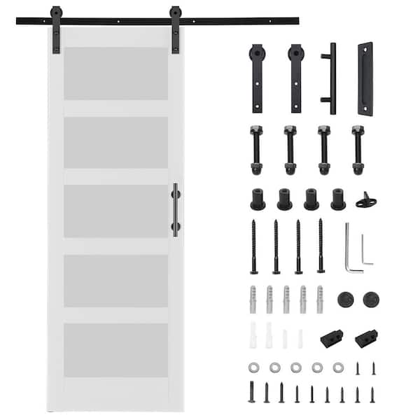 Karl home 30 in. x 84 in. 5 Lite Tempered Frosted Glass White Primed Glass Sliding Wood Barn Door with Hardware Kit