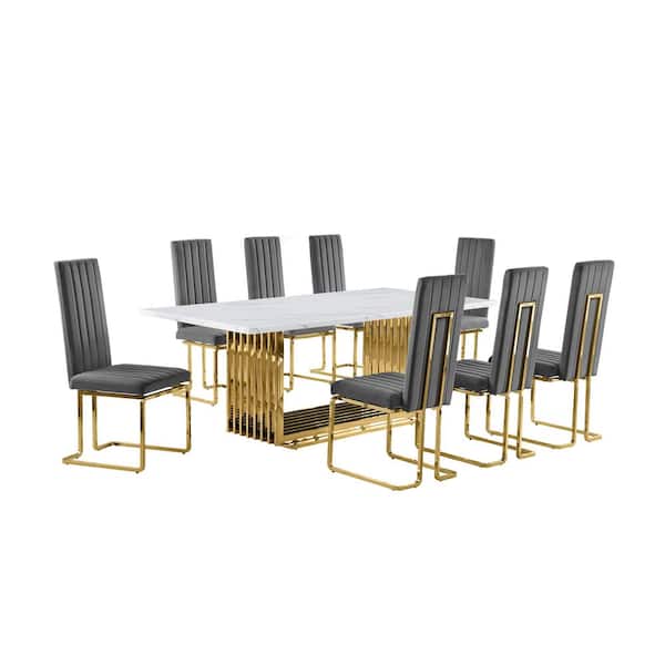 Lisa 9-Piece Rectangle White Marble Top Gold Stainless Steel Dining Set With 8-Dark Grey Velvet Gold Chrome Iron Chairs