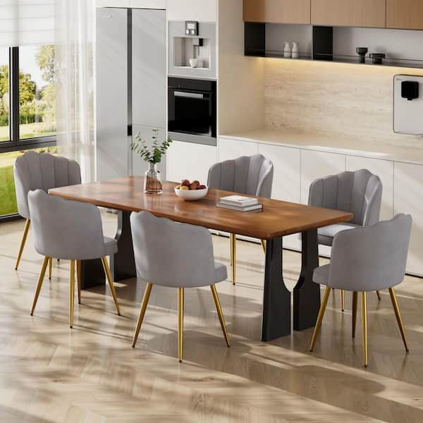 Gray Velvet Dining Chairs Set of 6, Shell Back Tufted Accent Chair with Gold Legs for Dining Room