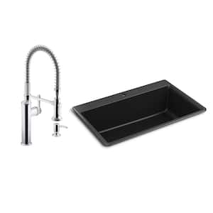 Kennon Drop-in/Undermount Granite Composite 33 in. Single Bowl Kitchen Sink with Sous Kitchen Faucet in Matte Black