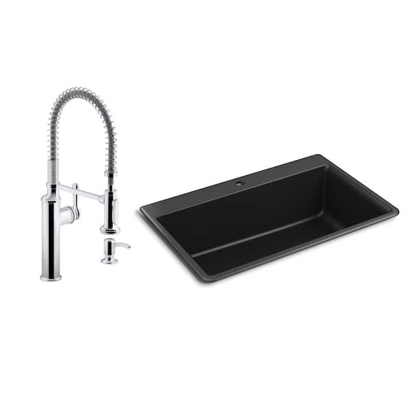 KOHLER Kennon Drop-in/Undermount Granite Composite 33 in. Single Bowl Kitchen Sink with Sous Kitchen Faucet in Matte Black