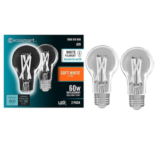 EcoSmart 60-Watt Equivalent A19 Dimmable White Filament CEC Clear Glass E26 Medium Base LED Light Bulb, Soft White 2700K (2-Pack)