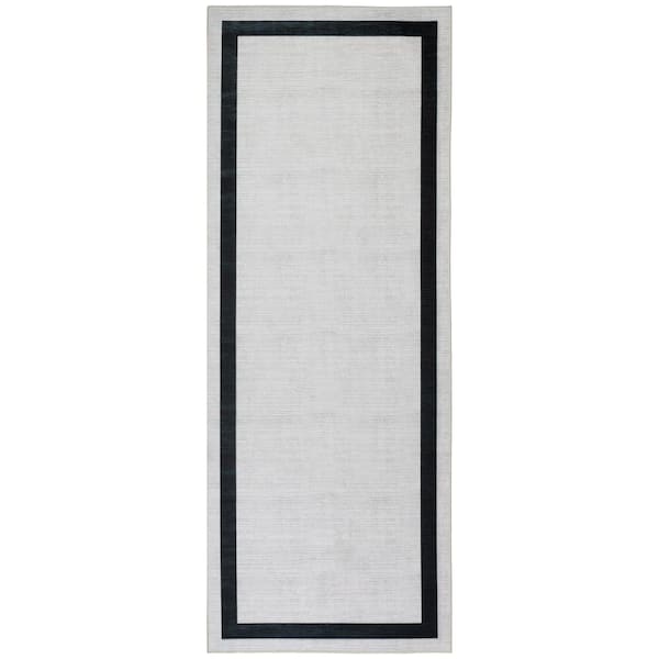 PLAYA RUG Everest Creme Black 2 ft. 2 in. x 6 ft. Machine Washable Geometric Modern Border Polyester Non-Slip Backing Area Rug