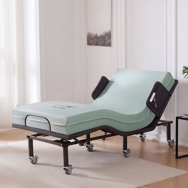 Black Twin XL Adjustable Bed Frame Bed Rails Plus 6 in. Egg Crate Mattress, Wireless Remote, USB Ports, Brake Wheel Legs